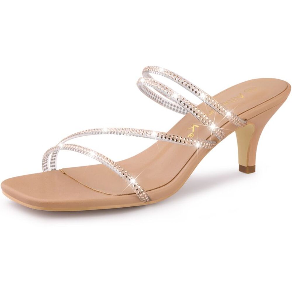 Allegra K Cream Rhinestone Kitten Heels